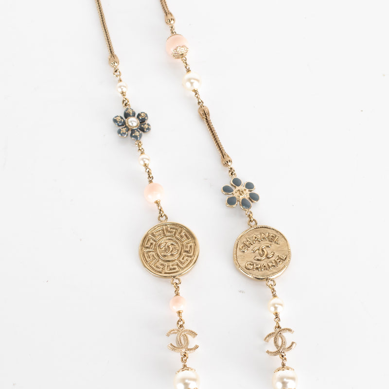 Chanel Lame Gold Pearl And Coin Long Necklace