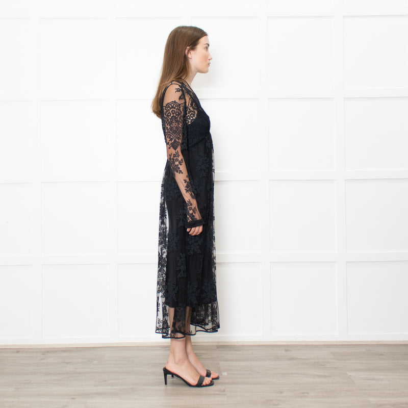 Burberry Black Lace Sheer V Neck Midi Dress