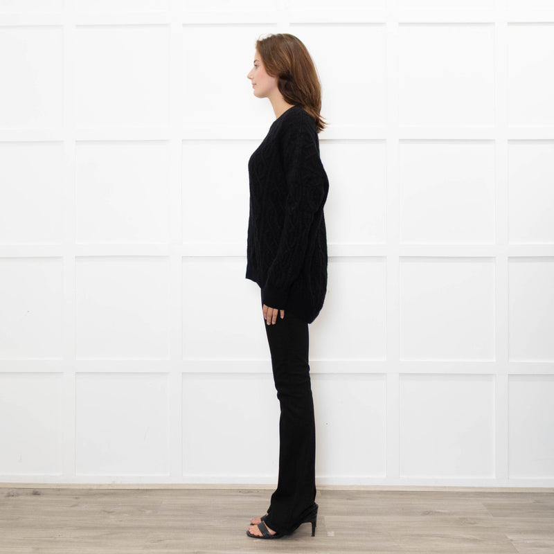 Podeny Black Wool & Cashmere Mix Cable Knit Crew Neck Jumper