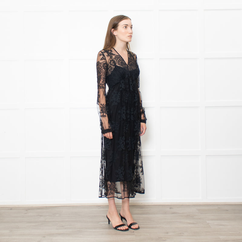 Burberry Black Lace Sheer V Neck Midi Dress
