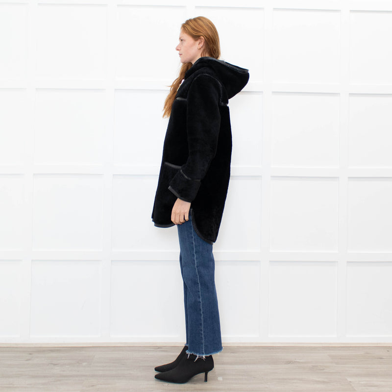Sandro Black Reversible Shearling Hooded Coat