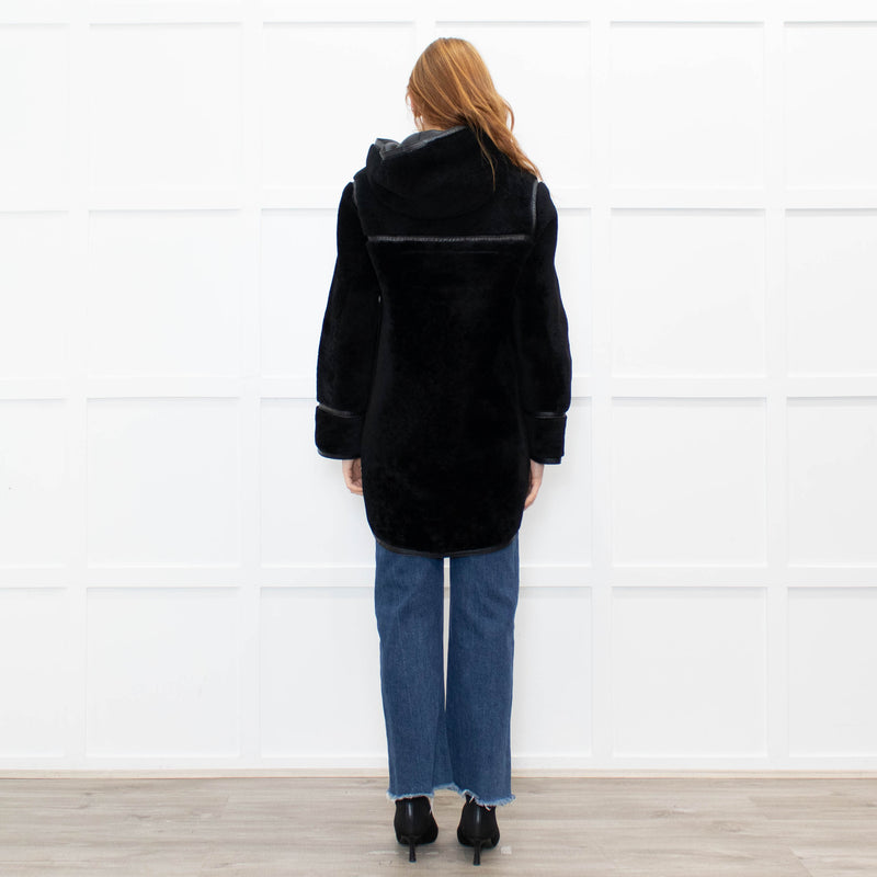 Sandro Black Reversible Shearling Hooded Coat