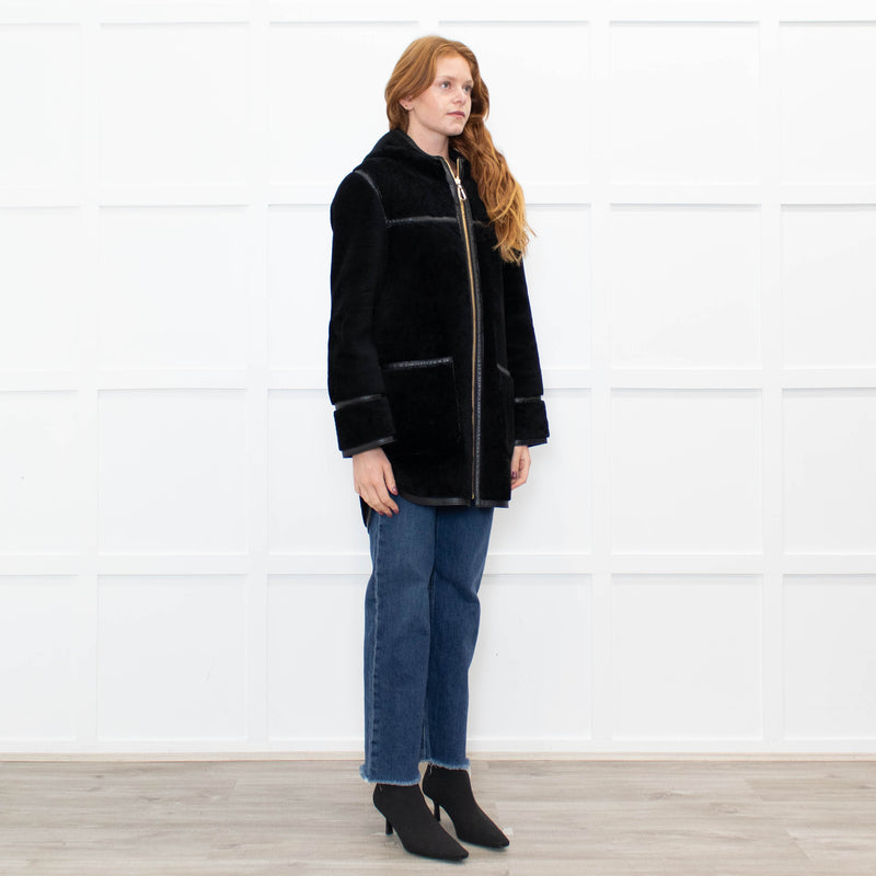 Sandro Black Reversible Shearling Hooded Coat