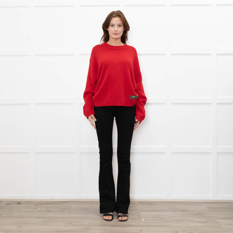 Ganni Red Knitted Round Neck Jumper with Ruched Sides