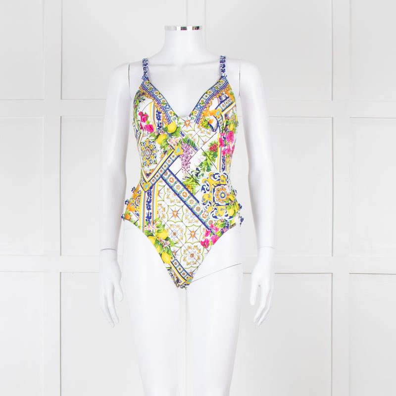 Camilla White Yellow Blue Multi Print Button Detail Swimsuit