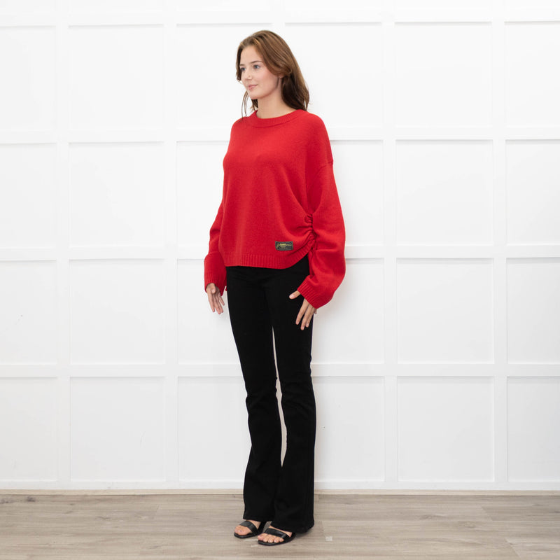 Ganni Red Knitted Round Neck Jumper with Ruched Sides