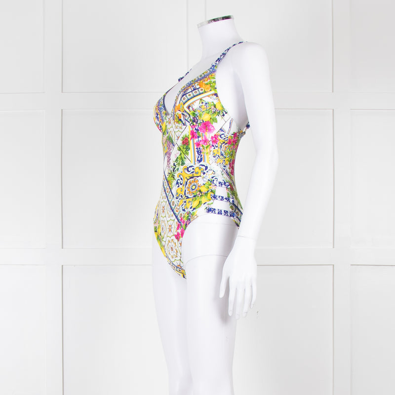 Camilla White Yellow Blue Multi Print Button Detail Swimsuit