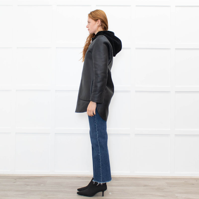 Sandro Black Reversible Shearling Hooded Coat