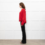 Ganni Red Knitted Round Neck Jumper with Ruched Sides