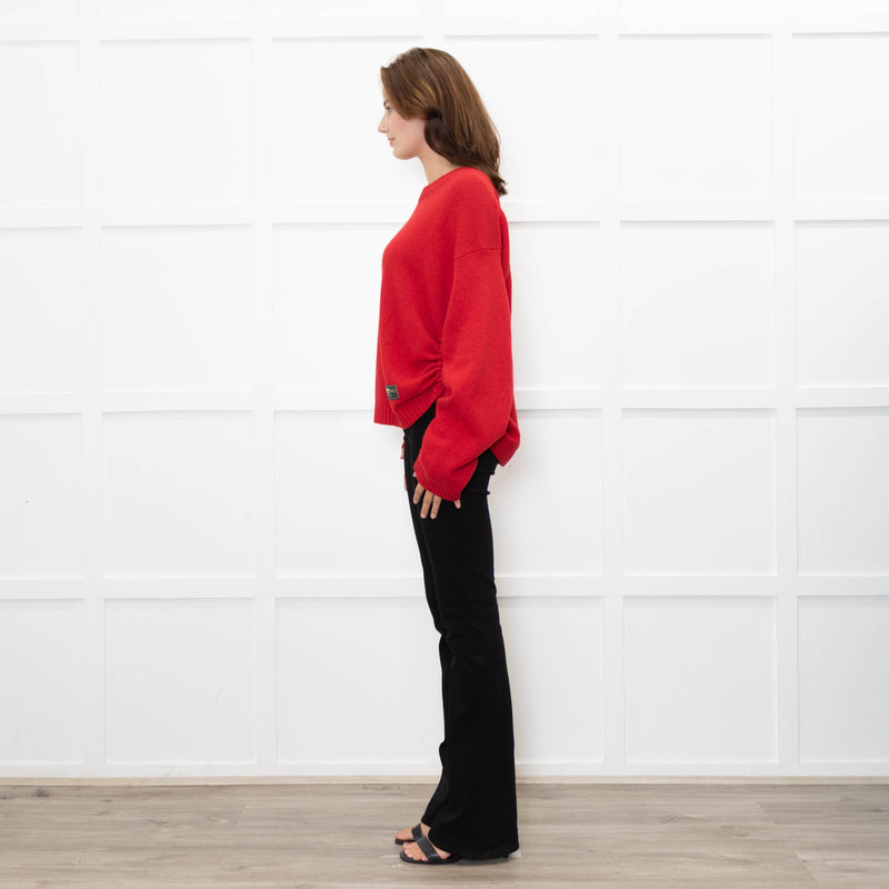 Ganni Red Knitted Round Neck Jumper with Ruched Sides