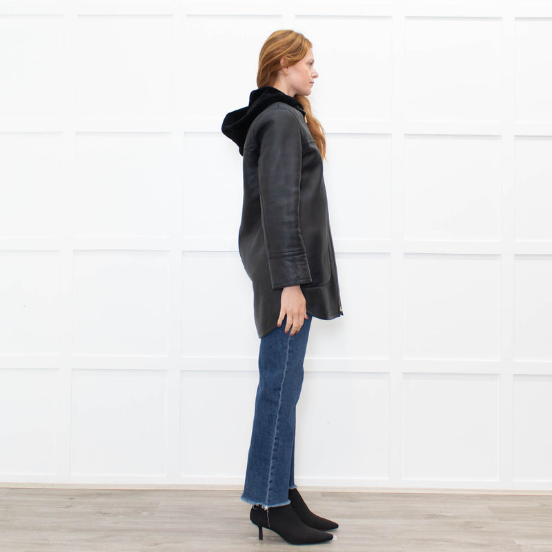 Sandro Black Reversible Shearling Hooded Coat