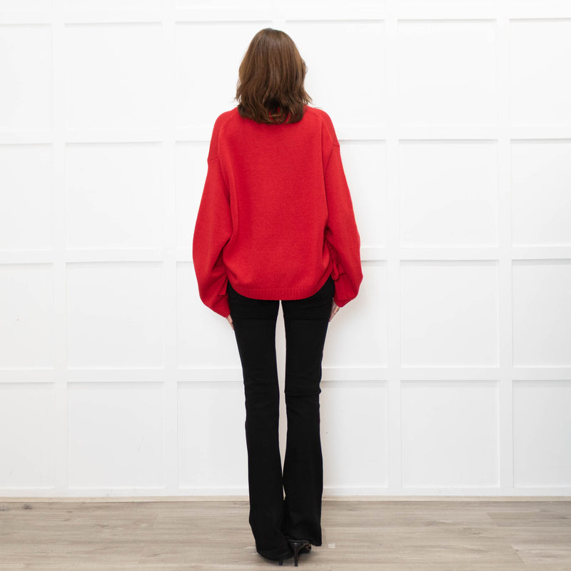 Ganni Red Knitted Round Neck Jumper with Ruched Sides