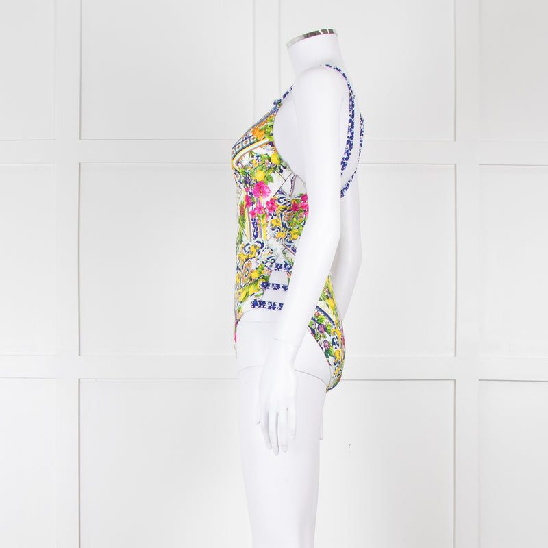Camilla White Yellow Blue Multi Print Button Detail Swimsuit