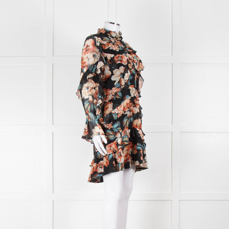 Nicholas Black Frilled Mini Dress with Orange and Blue Flowers