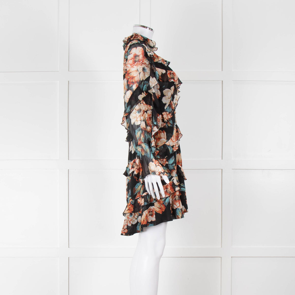 Nicholas Black Frilled Mini Dress with Orange and Blue Flowers