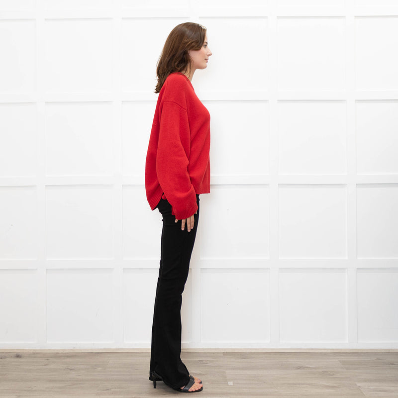 Ganni Red Knitted Round Neck Jumper with Ruched Sides