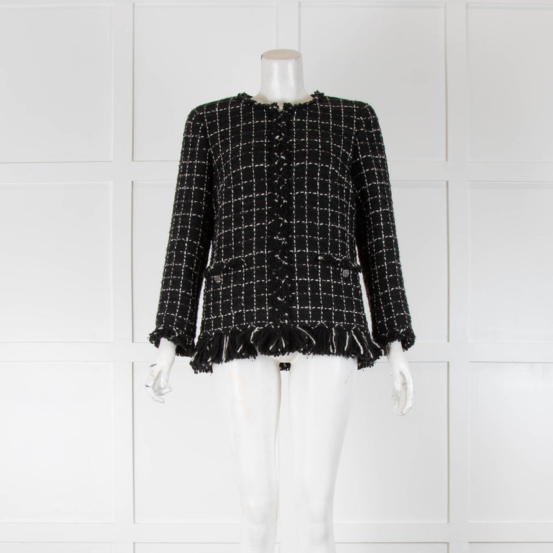 Chanel Black White Tweed Check Fringe Trim Jacket