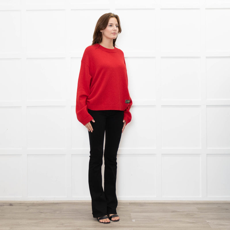 Ganni Red Knitted Round Neck Jumper with Ruched Sides