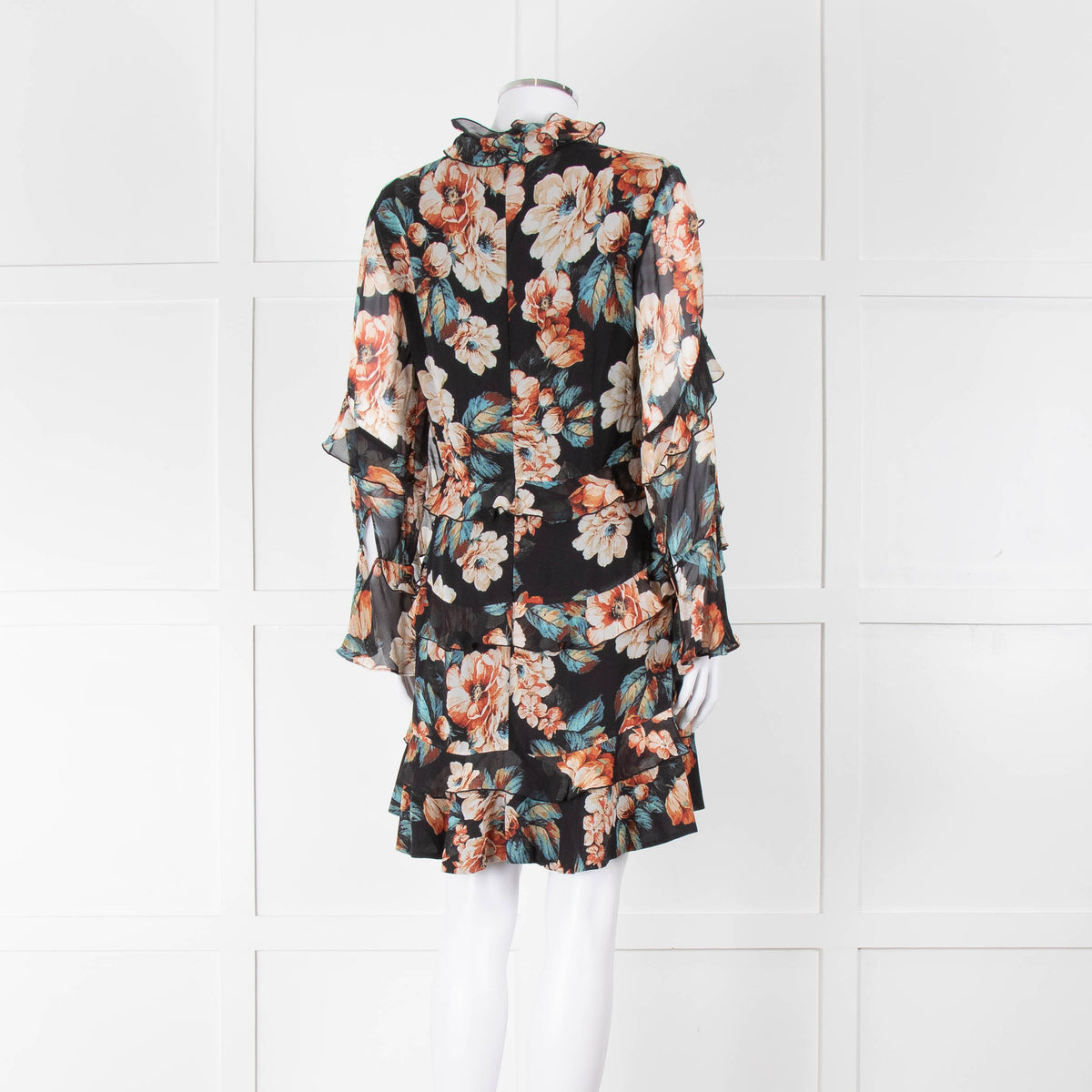 Nicholas Black Frilled Mini Dress with Orange and Blue Flowers