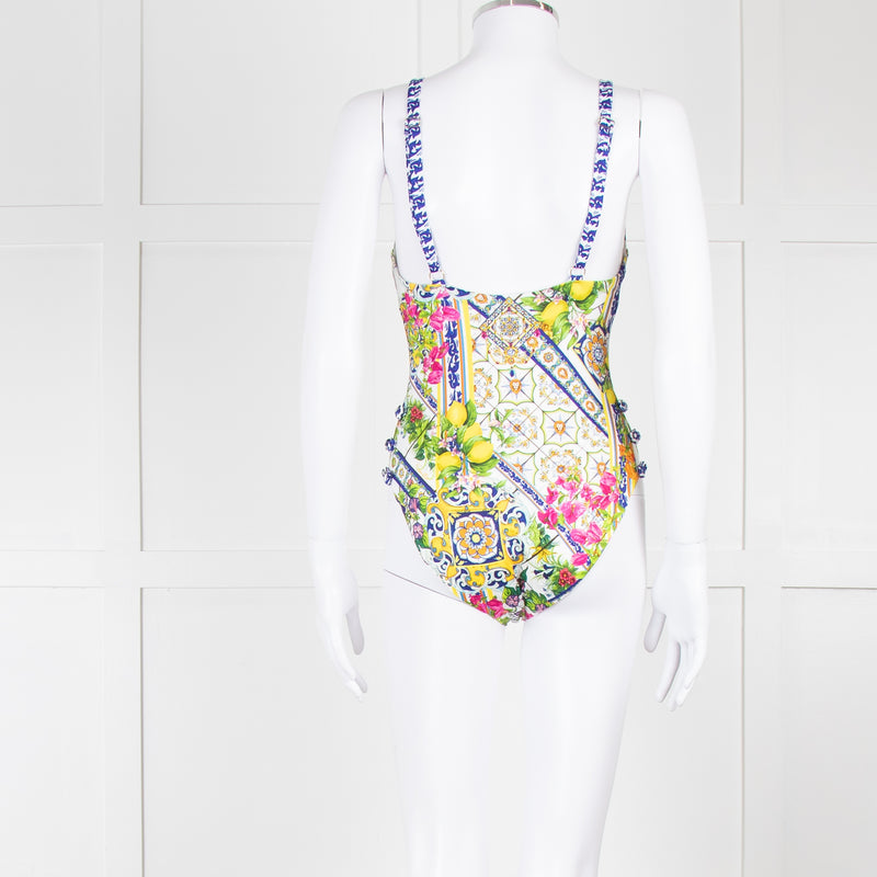 Camilla White Yellow Blue Multi Print Button Detail Swimsuit