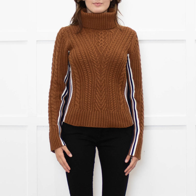 Veronica Beard Brown Cable Knit Polo Neck with Stripe Sides