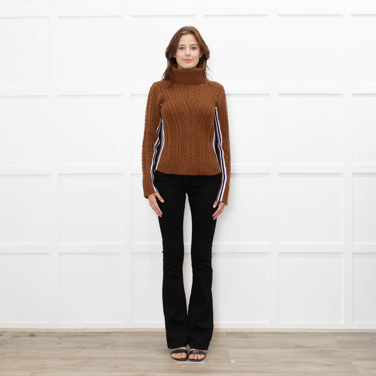 Veronica Beard Brown Cable Knit Polo Neck with Stripe Sides