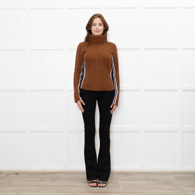 Veronica Beard Brown Cable Knit Polo Neck with Stripe Sides