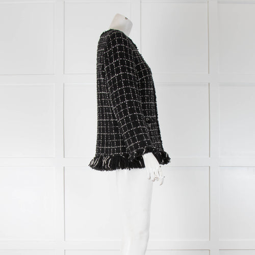 Chanel Black White Tweed Check Fringe Trim Jacket