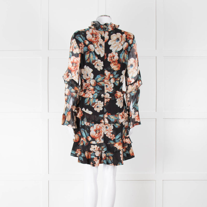 Nicholas Black Frilled Mini Dress with Orange and Blue Flowers
