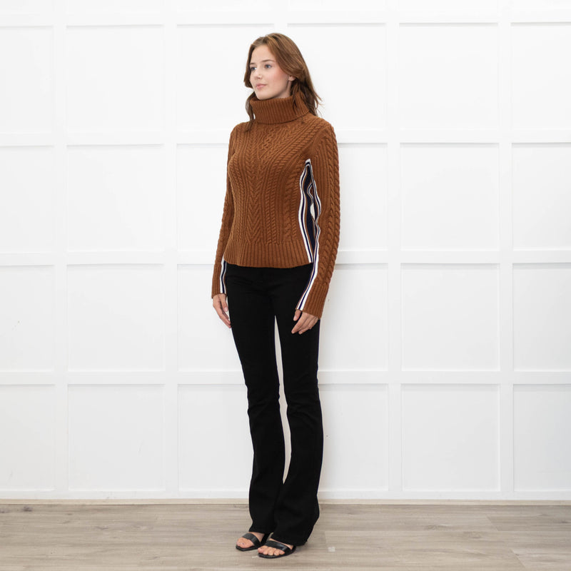Veronica Beard Brown Cable Knit Polo Neck with Stripe Sides