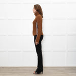 Veronica Beard Brown Cable Knit Polo Neck with Stripe Sides