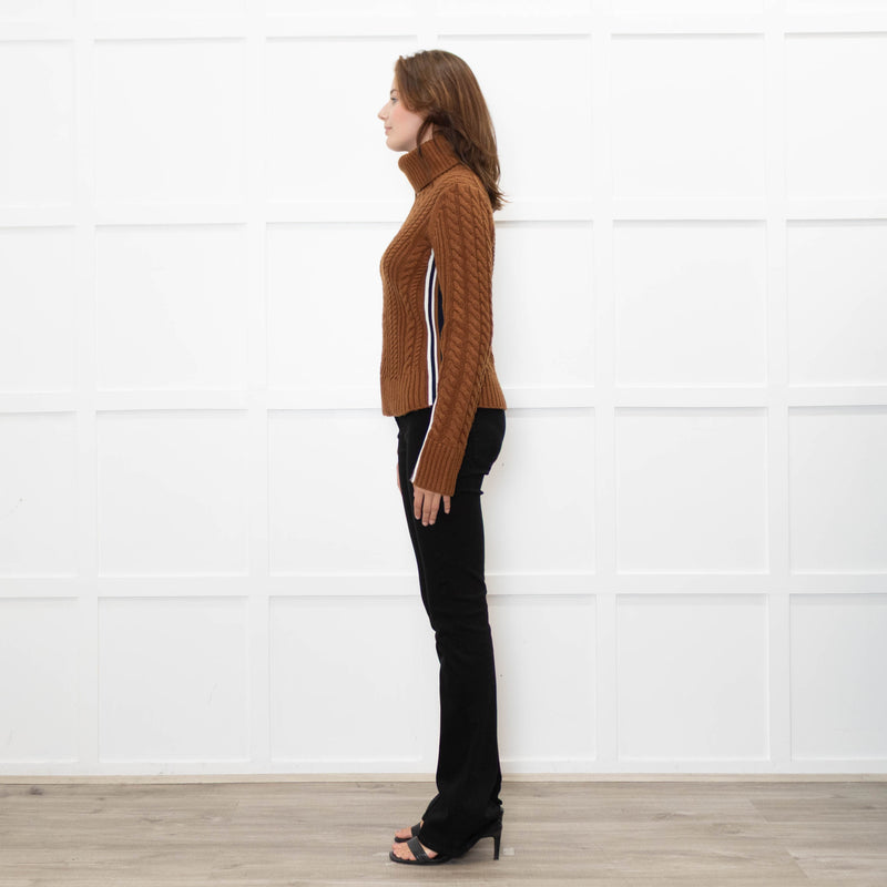 Veronica Beard Brown Cable Knit Polo Neck with Stripe Sides