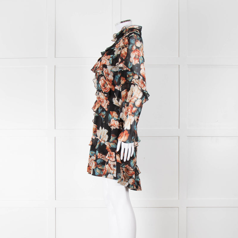 Nicholas Black Frilled Mini Dress with Orange and Blue Flowers