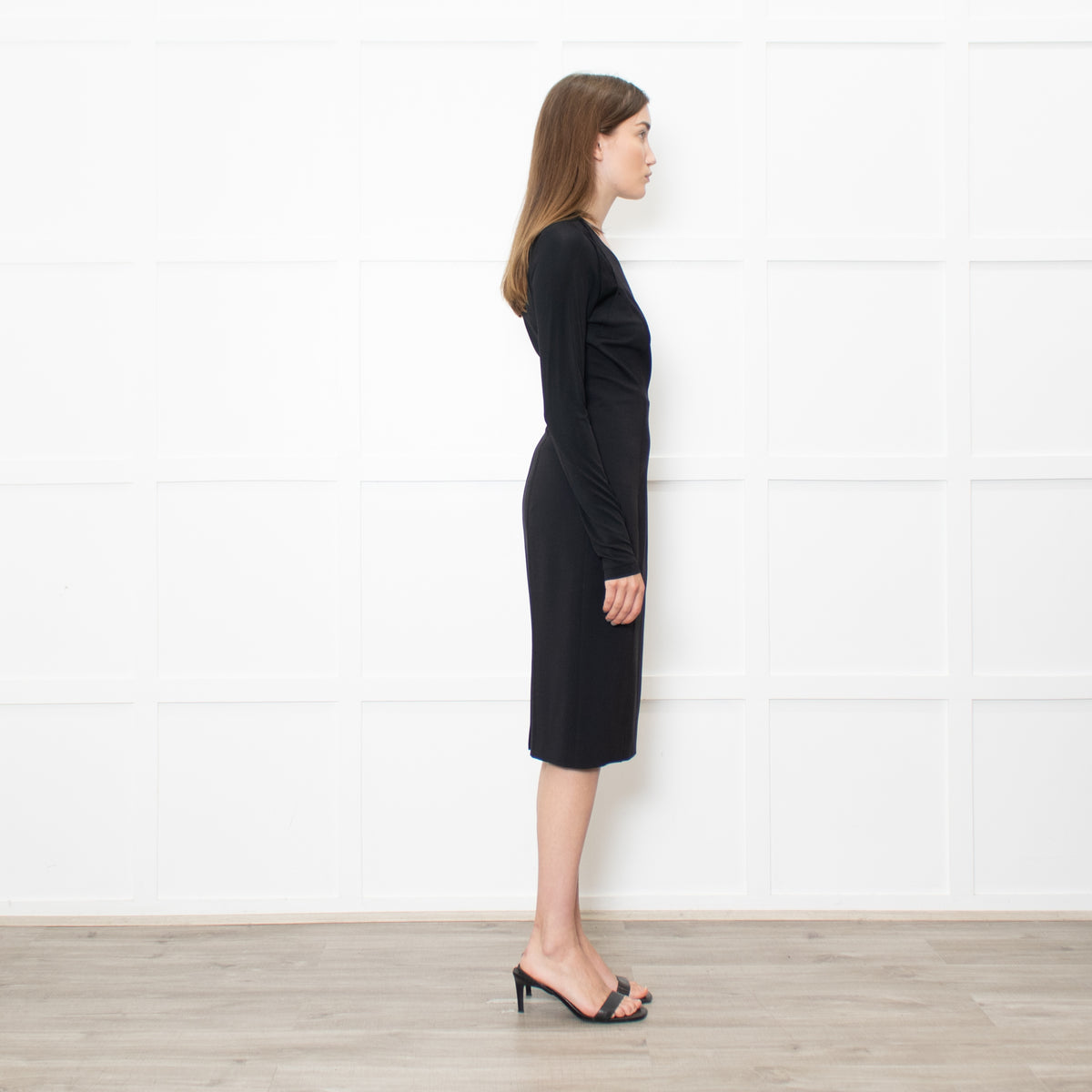 Donna Karan Black Paneled L/S Mid Length Dress