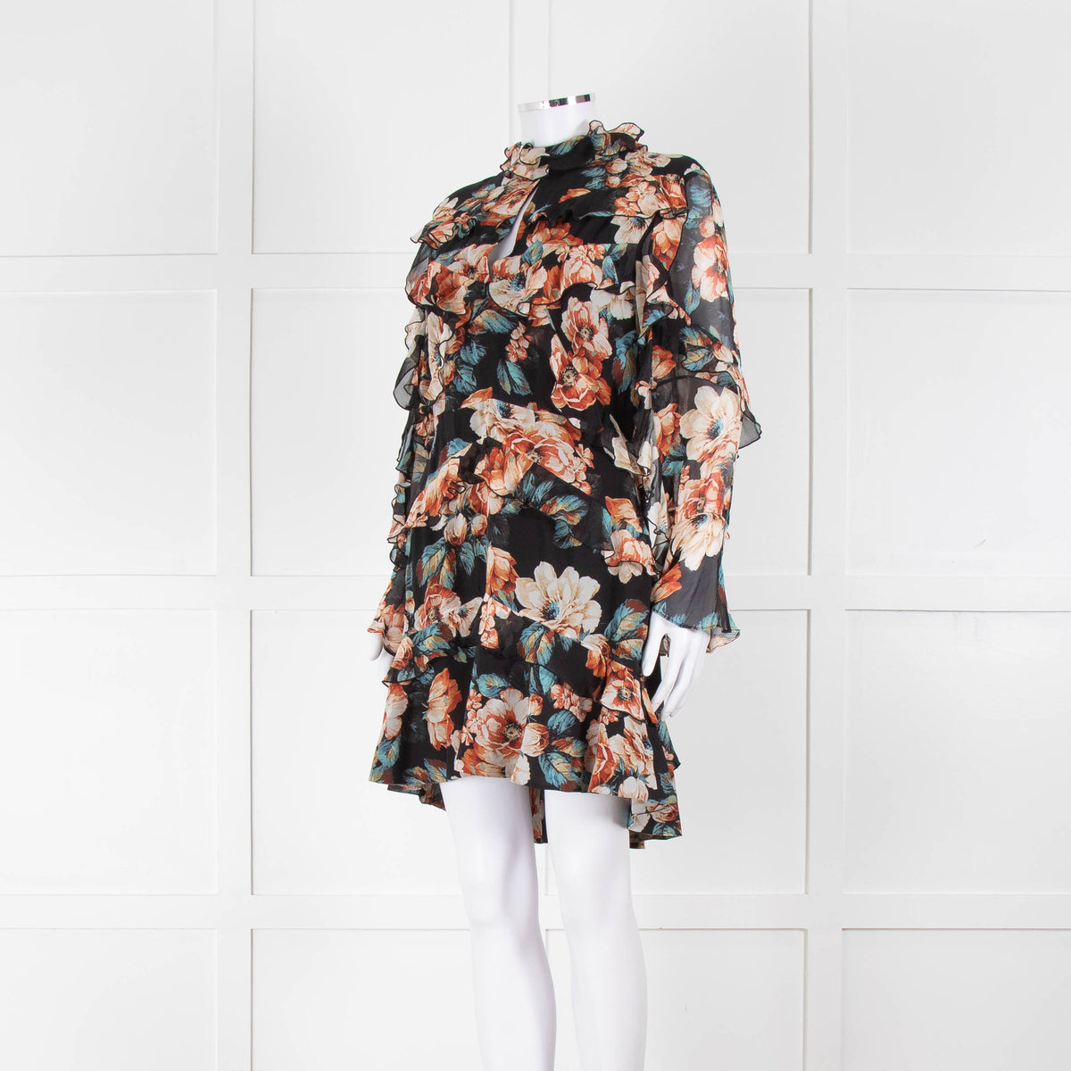 Nicholas Black Frilled Mini Dress with Orange and Blue Flowers
