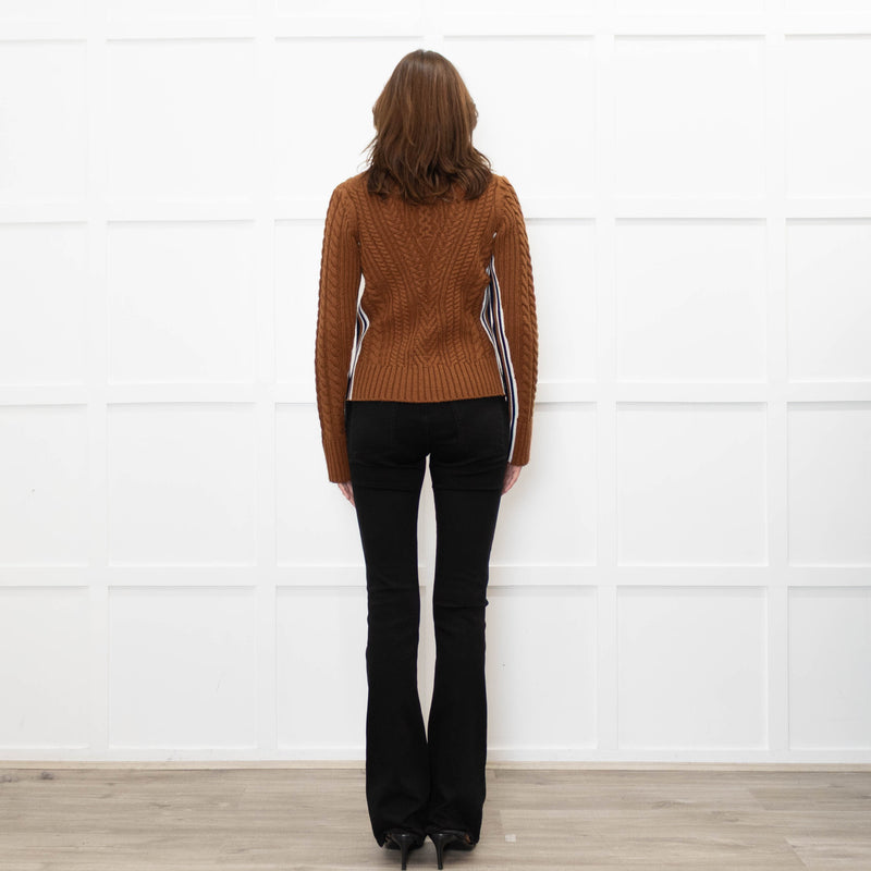 Veronica Beard Brown Cable Knit Polo Neck with Stripe Sides
