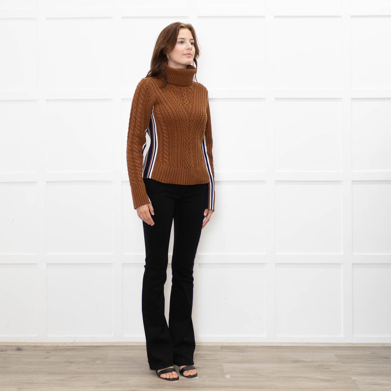Veronica Beard Brown Cable Knit Polo Neck with Stripe Sides