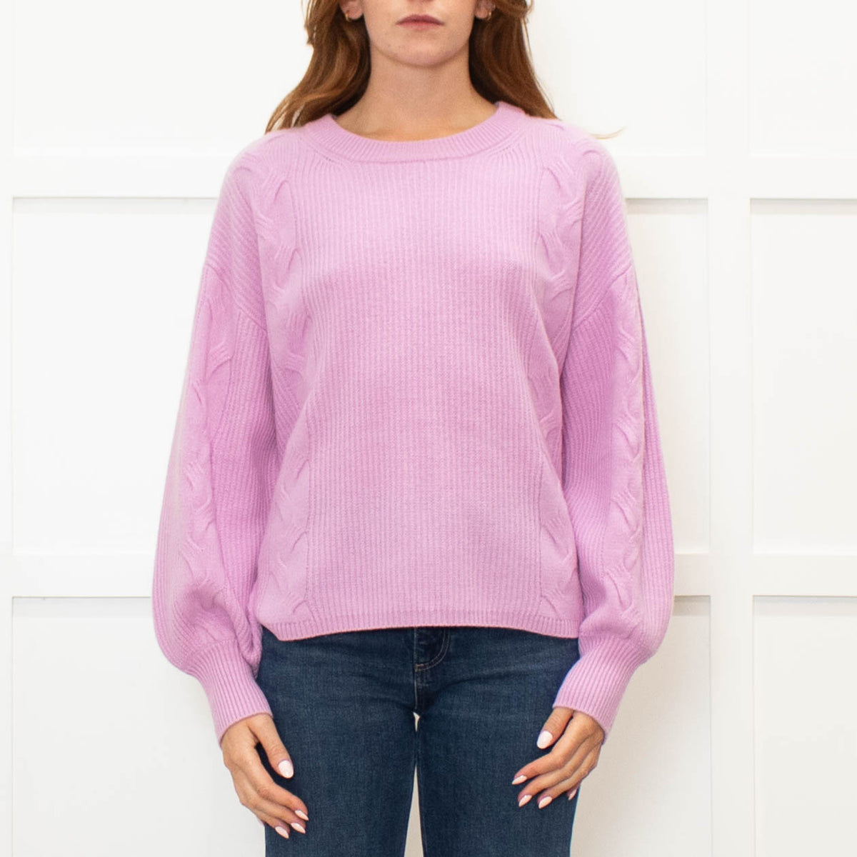 Repeat Lilac Cable Knit Cashmere Jumper with Puff Sleeves