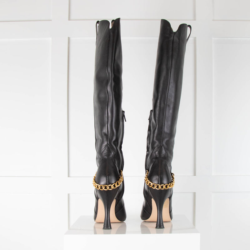 Camilla Elphick Black High Leather Boots with Gold Chain