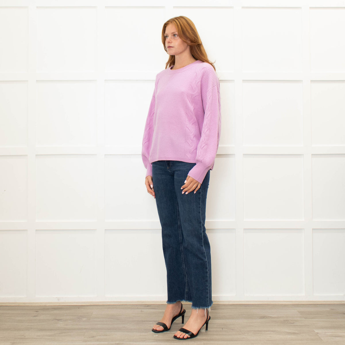 Repeat Lilac Cable Knit Cashmere Jumper with Puff Sleeves