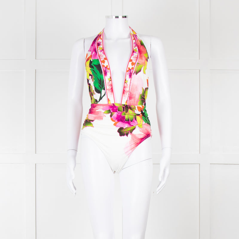 Camilla White Pink Green Floral Plunge Neck Swimsuit