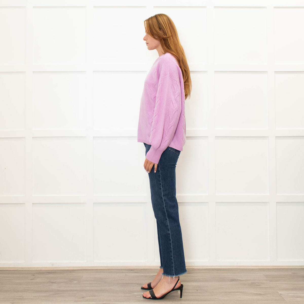 Repeat Lilac Cable Knit Cashmere Jumper with Puff Sleeves