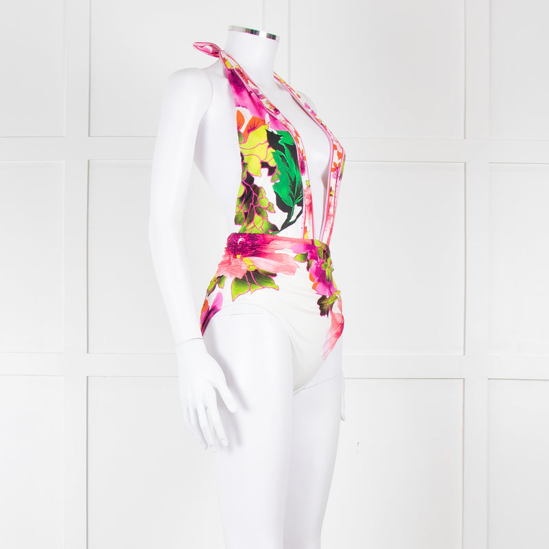 Camilla White Pink Green Floral Plunge Neck Swimsuit