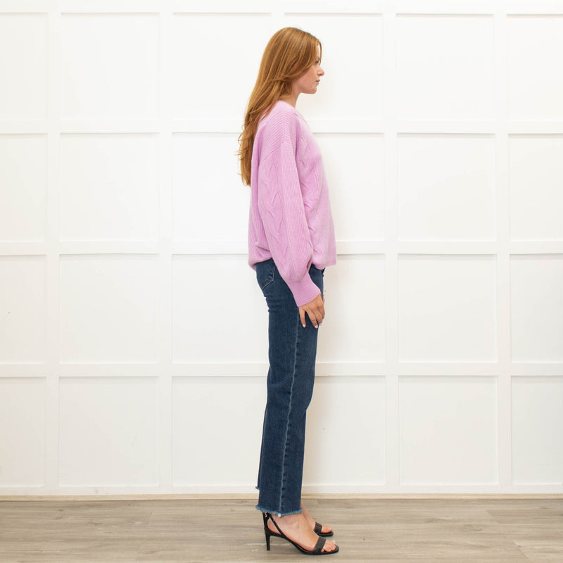 Repeat Lilac Cable Knit Cashmere Jumper with Puff Sleeves