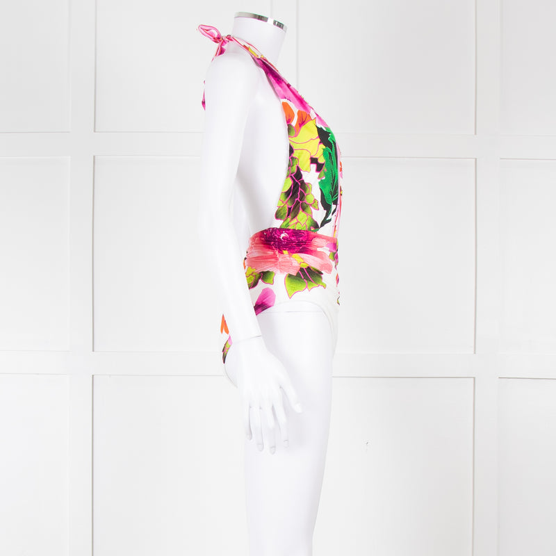 Camilla White Pink Green Floral Plunge Neck Swimsuit