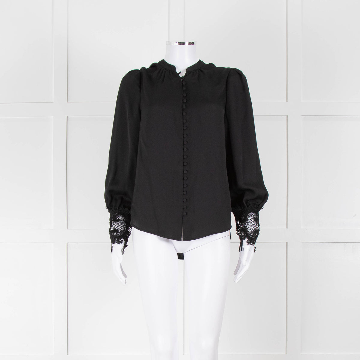L'Agence Black Collarless Blouse with Lace Cuffs
