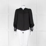 L'Agence Black Collarless Blouse with Lace Cuffs