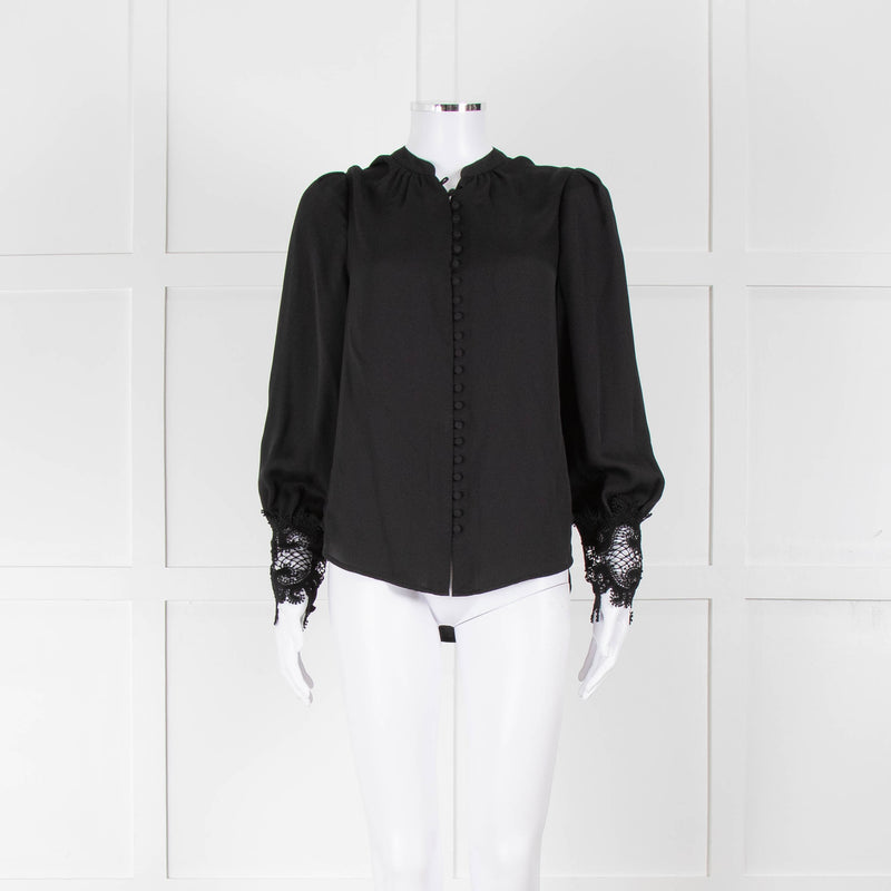 L'Agence Black Collarless Blouse with Lace Cuffs