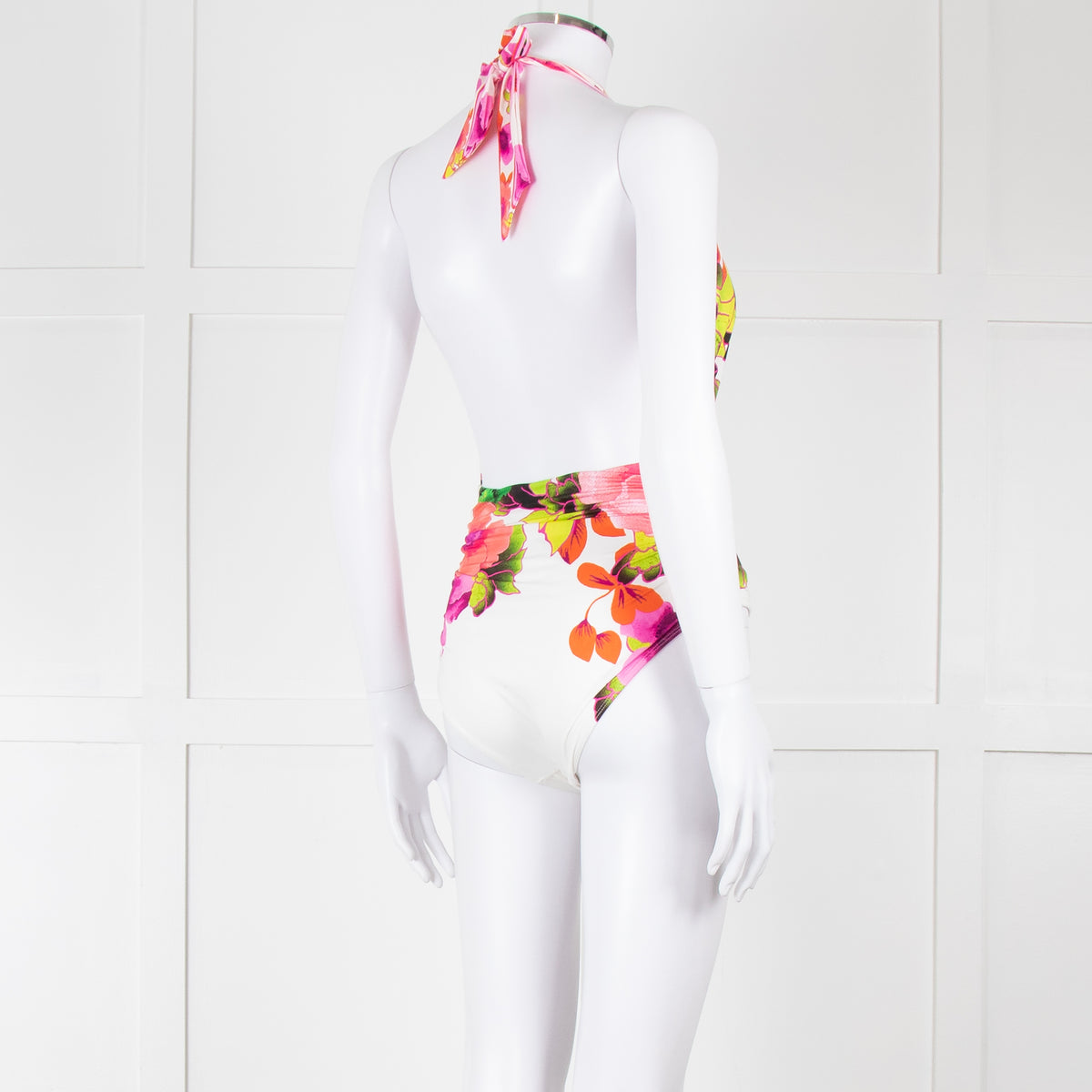 Camilla White Pink Green Floral Plunge Neck Swimsuit