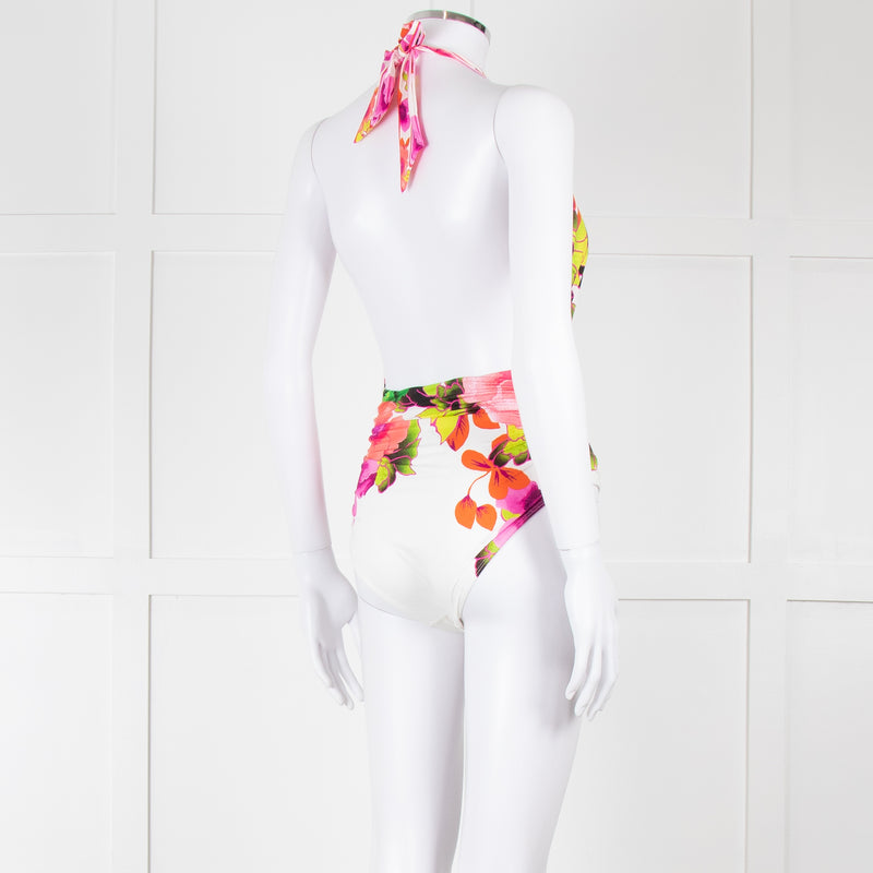 Camilla White Pink Green Floral Plunge Neck Swimsuit